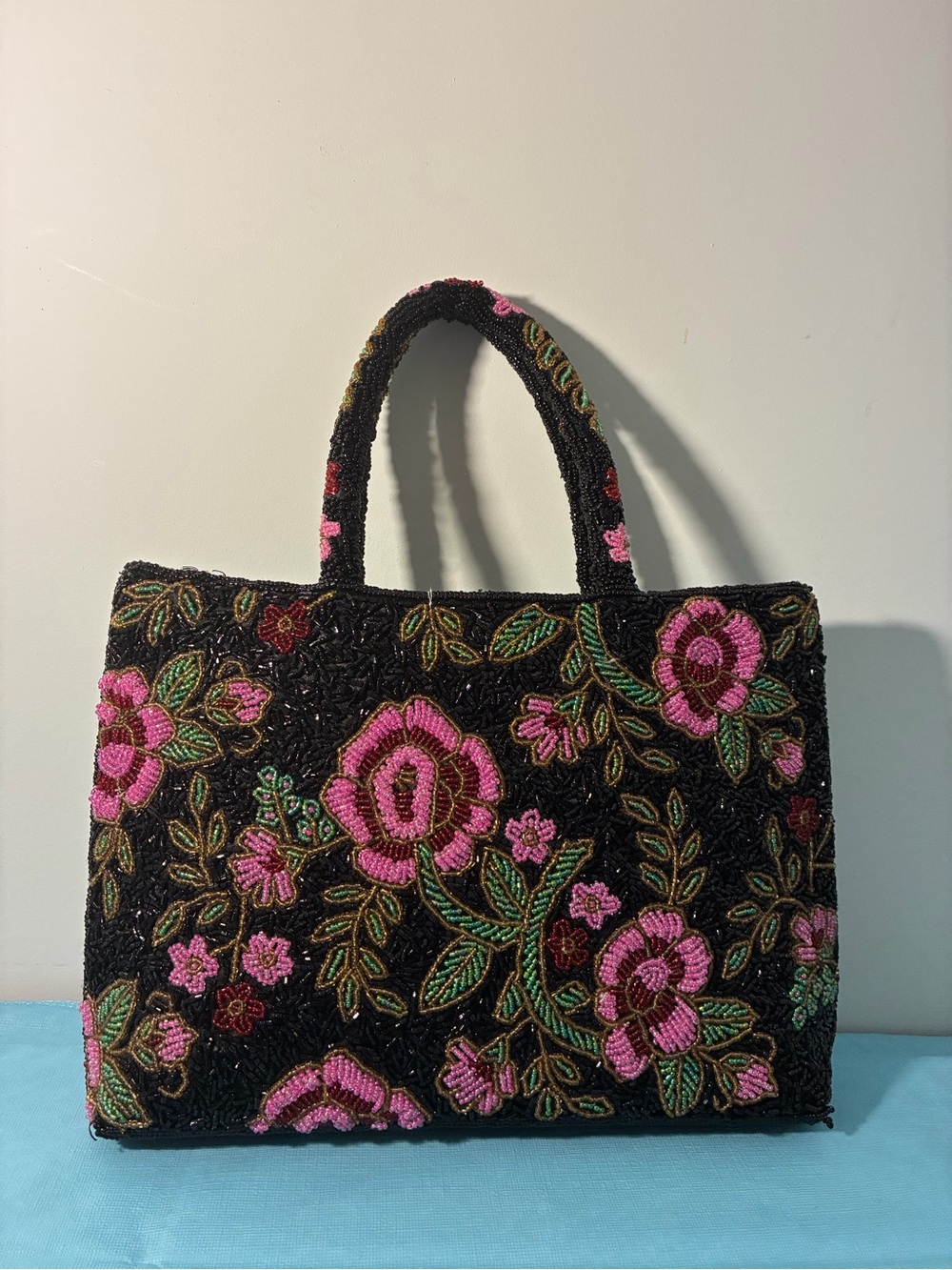 Pink Floral Black Beaded Handbag